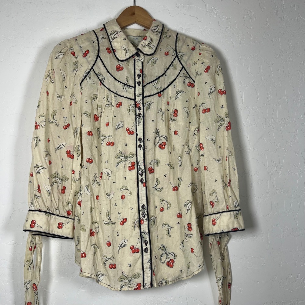 Odille Anthropologie Cherry Print Swiss Dot Blouse Cream Cotton Size 14